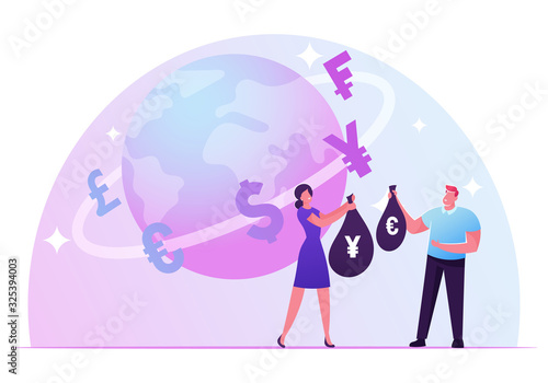 Currency Exchange Concept. Woman Give Sack with Yens for Sack of Euro. Trader Profession  Global Finance and Economics Situation  European and Japanese Money Changing Cartoon Flat Vector Illustration