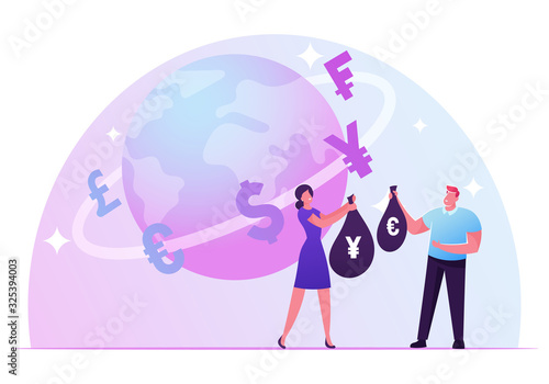 Currency Exchange Concept. Woman Give Sack with Yens for Sack of Euro. Trader Profession, Global Finance and Economics Situation, European and Japanese Money Changing Cartoon Flat Vector Illustration