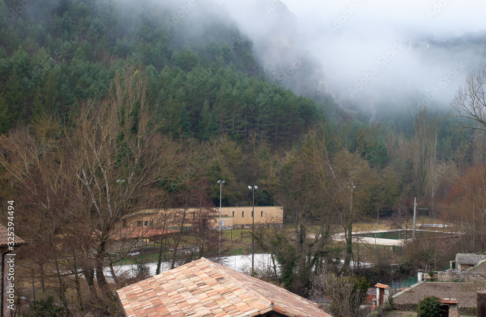 Morning fog in the mountains overgrown with coniferous forest. Residential buildings in the gorge.