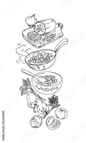 Vegetable stew is prepared in a pan, vegetable stew recipe. Hand-drawn vector illustration