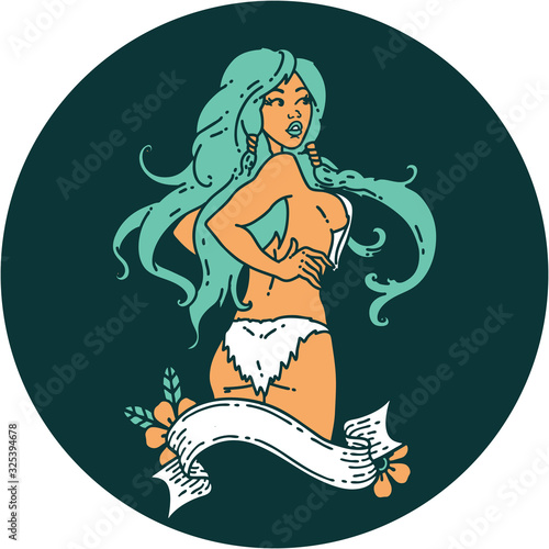 tattoo style icon of a pinup viking girl with banner