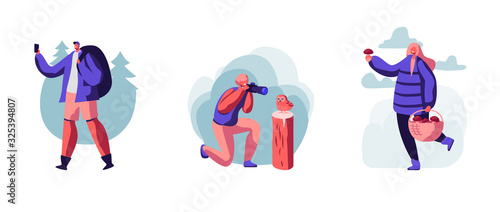 Set of Young People Having Rest on Nature, Outdoor Activity, Hiking. Man Making Picture of Owl, Woman Picking Up Mushrooms in Forest. Backpacker Trekking Route Hobby Cartoon Flat Vector Illustration