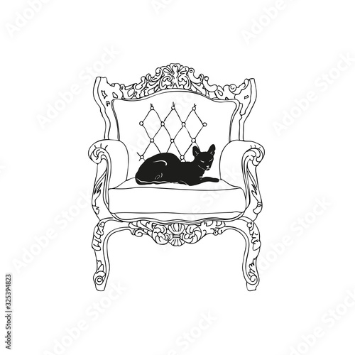 vector illustration of a black cat lying in a vintage chair. Hand-drawn vector illustration.