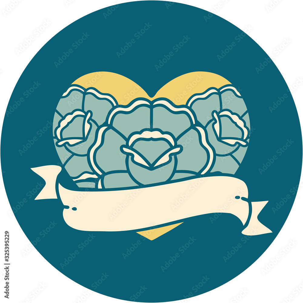 Fototapeta premium tattoo style icon of a heart and banner with flowers