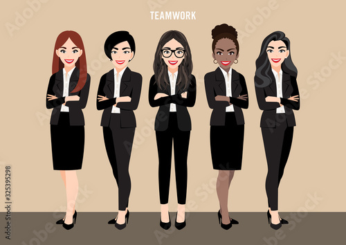 Cartoon character with business team set or leadership concept with businesswomen. Vector illustration in cartoon style.