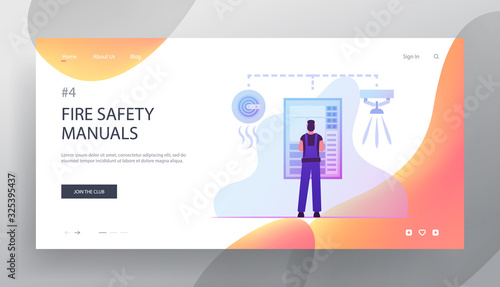 Fire, Energy and Electrical Safety Website Landing Page. Electrician Examine Working Draft or Measure Voltage at Dashboard. Smoke Trap Signaling System Web Page Banner Cartoon Flat Vector Illustration