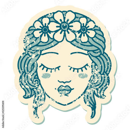 distressed sticker tattoo style icon of female face with eyes closed