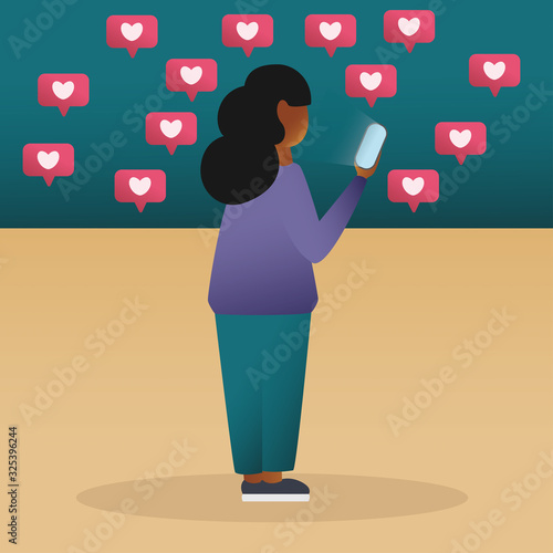 Stylish hipster girl looking at phone and getting likes on social media, flat style. Millennial girl blogger chatting on social media with hearts likes. Modern hand drawn vector illustration