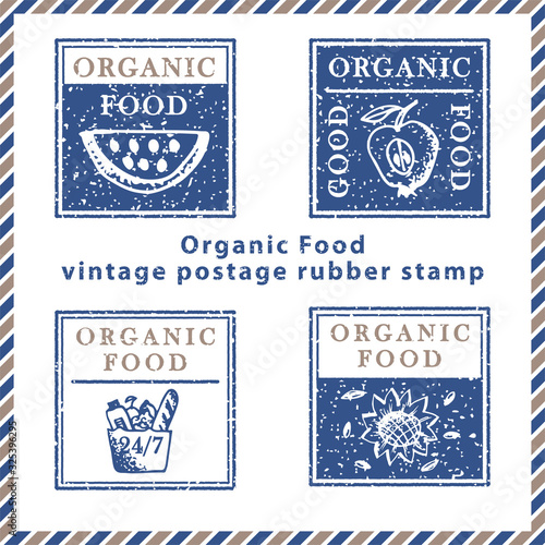 Set of vintage textured grunge food delivery rubber stamps with meal symbols in classic blue and brown colors. For design of post card, advertising poster, web banner, sale flyers