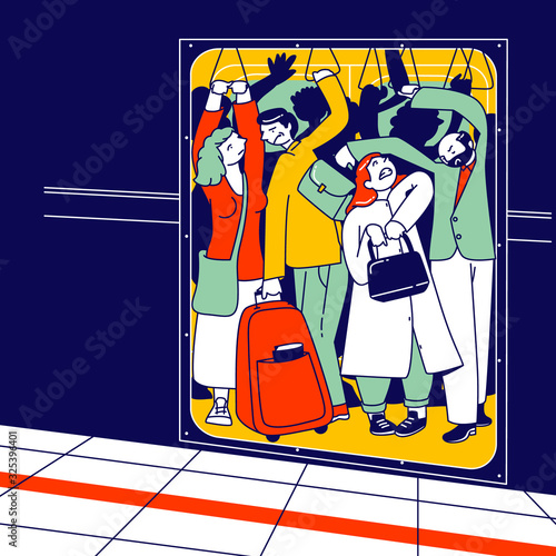 People Riding in Full Metro Van. City Dwellers Male and Female Characters Walking by Urban Train to Home or at Work at Rushtime. Crowded Commuter Transport Cartoon Flat Vector Illustration, Line Art