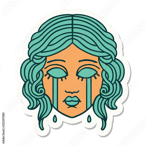 tattoo style sticker of female face crying