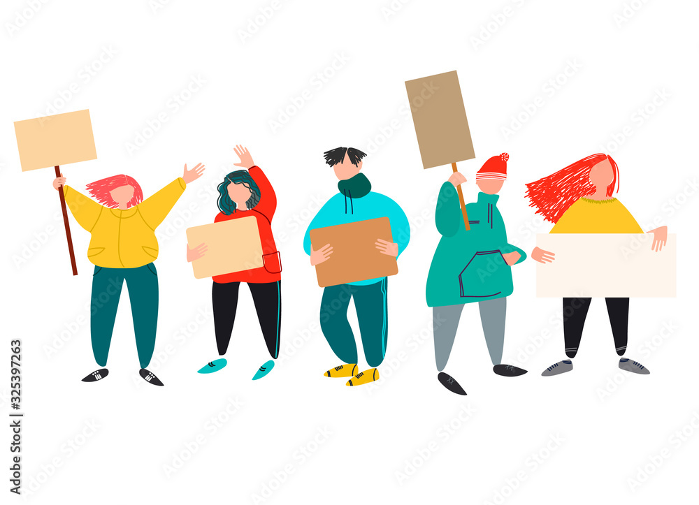 Protest concept. People holding signs, picketing. Vector illustration