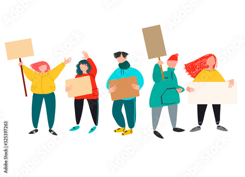 Protest concept. People holding signs, picketing. Vector illustration in flat style. Isolated on white background
