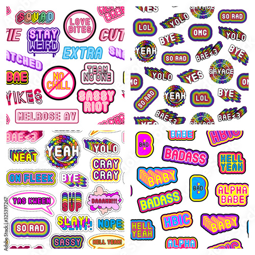 Set of 4 seamless patterns with colorful modern tags, patches with phrases, words. Quirky cartoon comic style of 80-90s. White backgrounds. Vector wallpapers.	