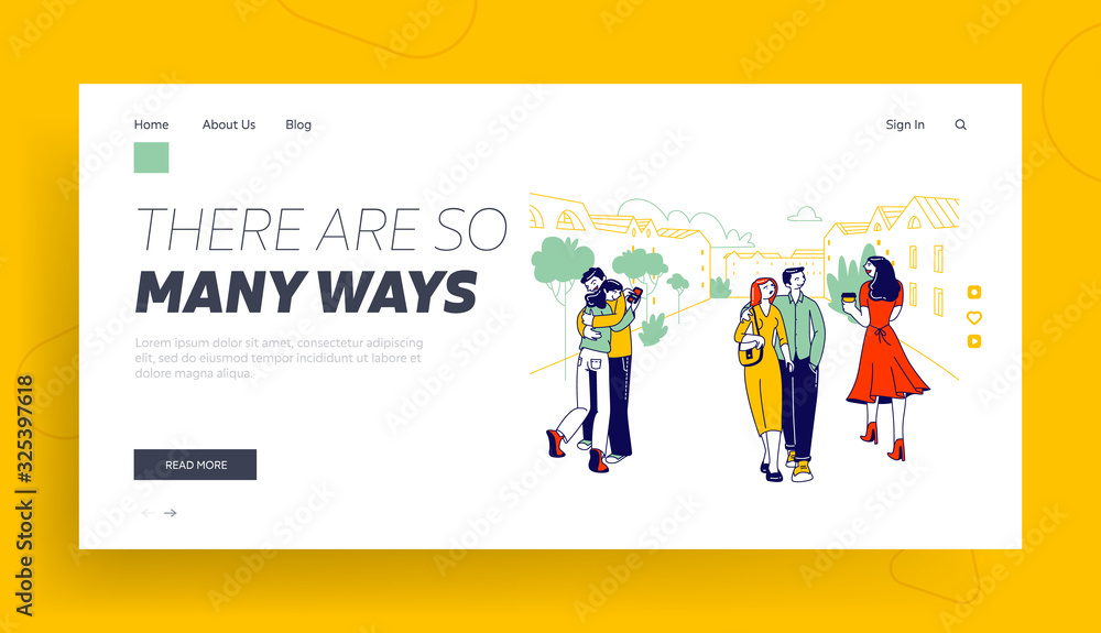 Treason, Perfidy and Love Triangle Website Landing Page. People with Soulmates Walking on Street Looking on other Attractive Persons, Cheat Web Page Banner. Cartoon Flat Vector Illustration, Line Art