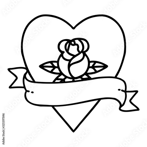 black line tattoo of a heart rose and banner