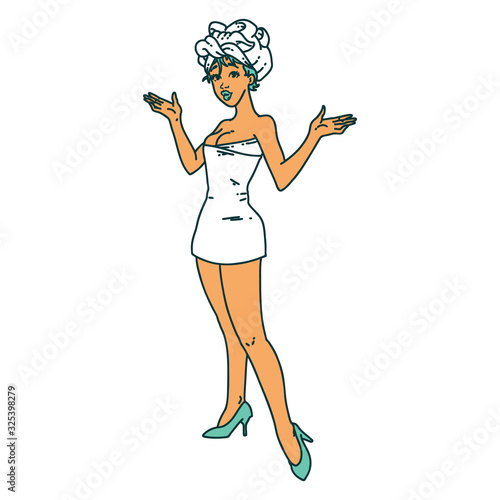 tattoo style icon of a pinup girl in towels