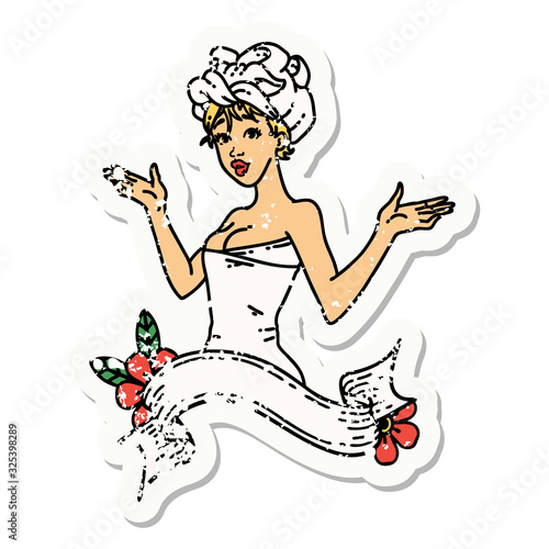 distressed sticker tattoo of a pinup girl in towel with banner