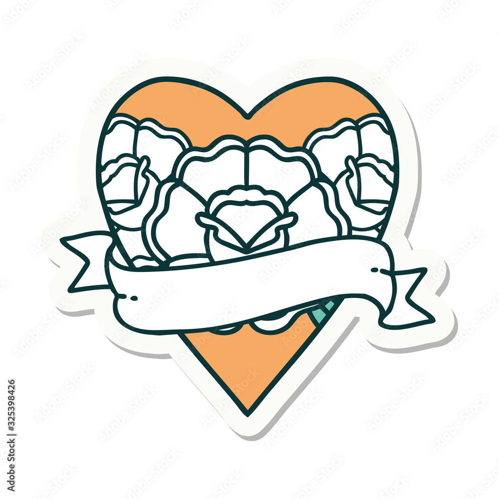 tattoo style sticker of a heart and banner with flowers