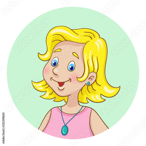 Portrait of a young woman with blond hair. Avatar icon in the circle. Isolated on white background. In cartoon style. Vector illustration.
