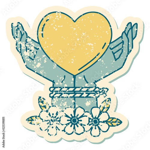 distressed sticker tattoo style icon of tied hands and a heart