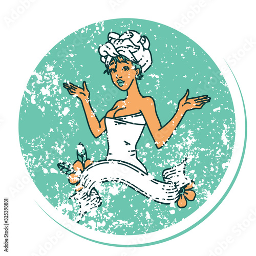 distressed sticker tattoo style icon of a pinup girl in towel with banner