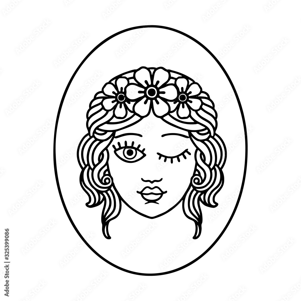black line tattoo of a maiden with crown of flowers winking black line tattoo of a maiden with crown of flowers winking