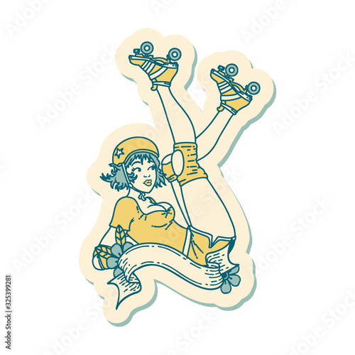 tattoo style sticker of a pinup roller derby girl with banner