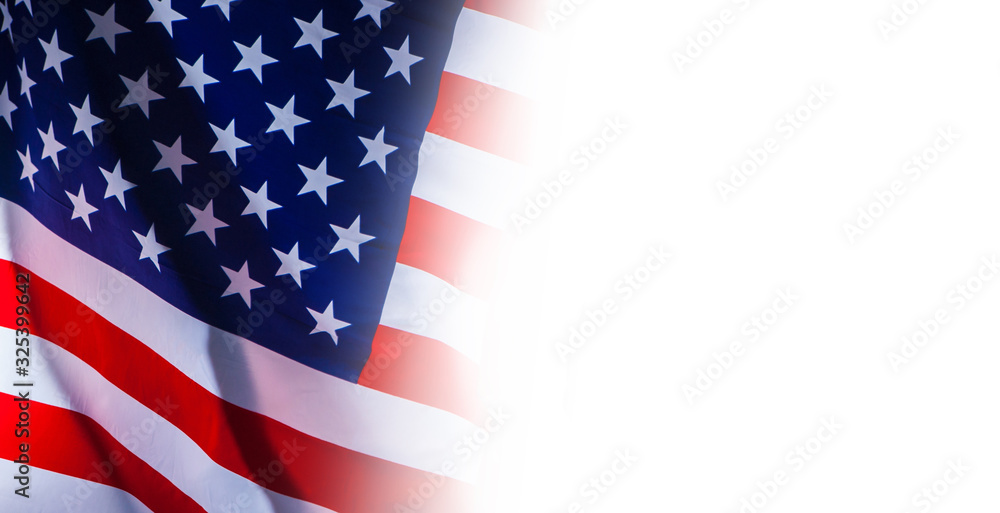 Fototapeta premium Place the text next to the flag of the United States of America. US flag and place for your text. An American flag and an empty seat next to it.