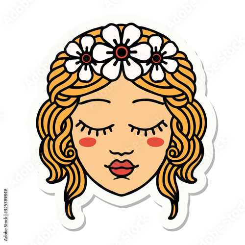 tattoo style sticker of female face with eyes closed