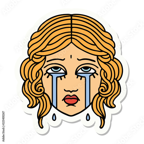 tattoo style sticker of female face crying
