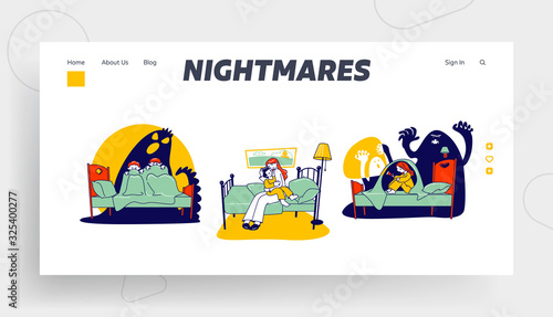 Kids Nightmares Website Landing Page. Scared Children Sitting on Bed Hiding from Ghost under Blanket. Fearful Kids and Imaginary Monster Web Page Banner. Cartoon Flat Vector Illustration, Line Art