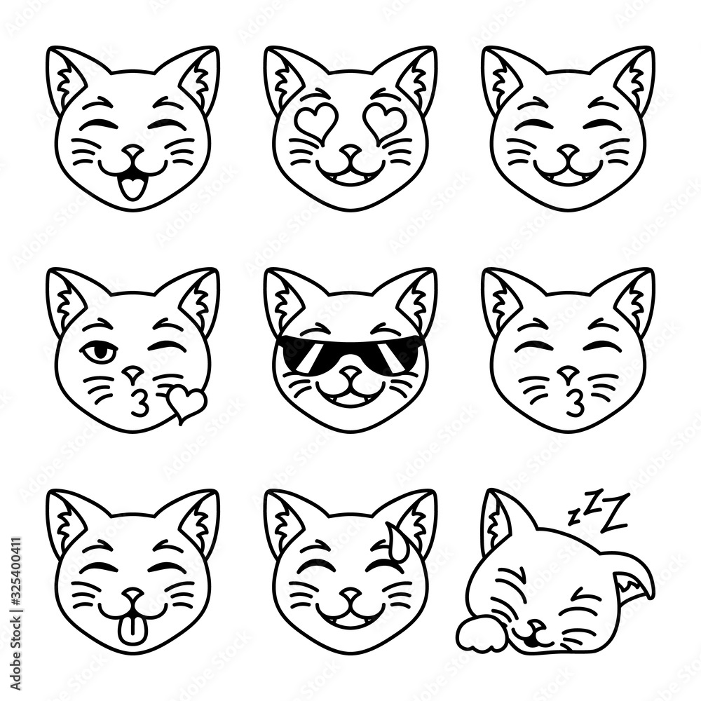 Different cat emotions on white background. Cat face set.