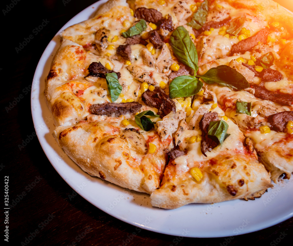 Tasty pizza with chicken and vegetables. Restaurant. Tasty pizza with chicken and vegetables. Restaurant.