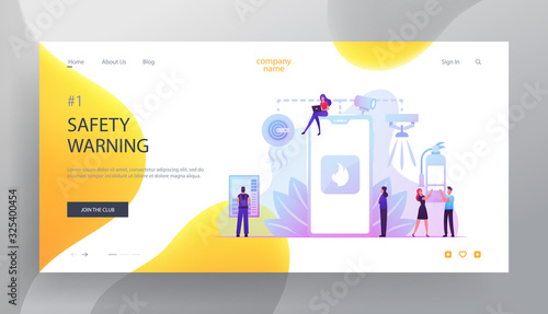 Fire Safety System Website Landing Page. People Get Notification from Smartphone about Fire Accident. Extinguisher, Electrician Examine Working Draft Web Page Banner. Cartoon Flat Vector Illustration