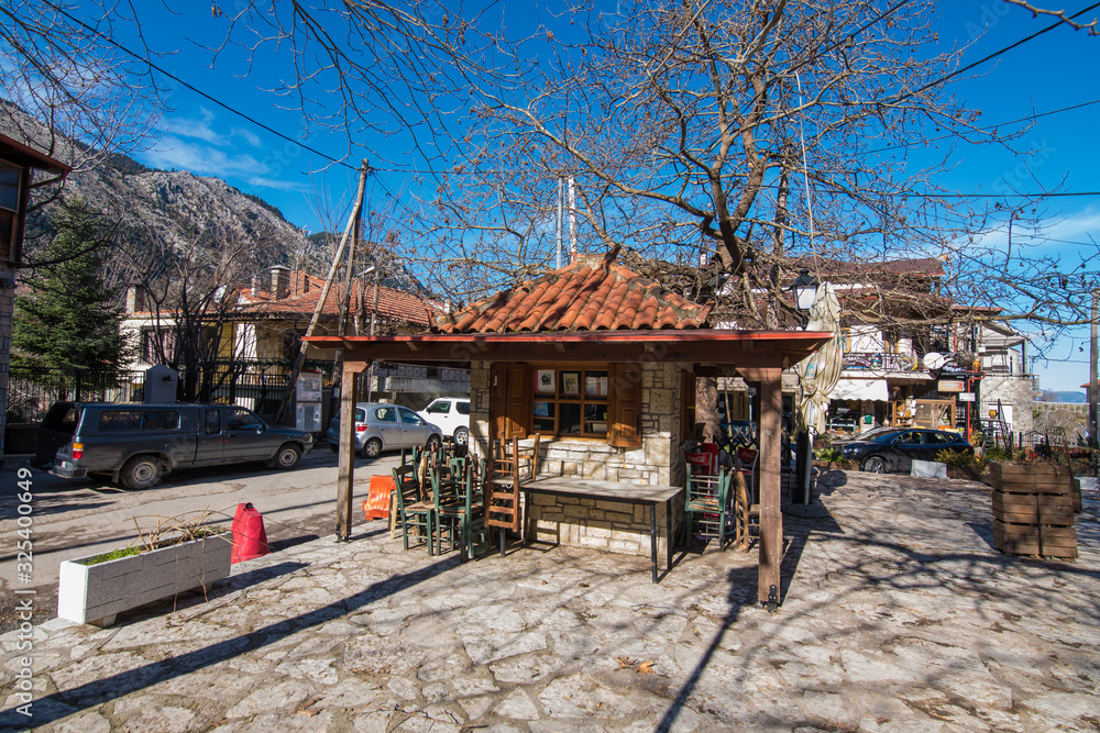 Street view of Agoriani or Eptalofos village, a winter destination near Parnassos mountain in Greece