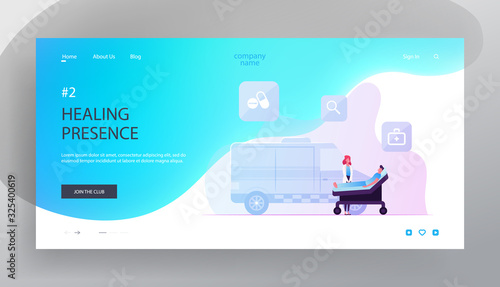 Health Care Website Landing Page. Ambulance Medic Transporting Patient with Apoplexy Attack to Hospital. Emergency Paramedic Doctor Character and Car Web Page Banner. Cartoon Flat Vector Illustration