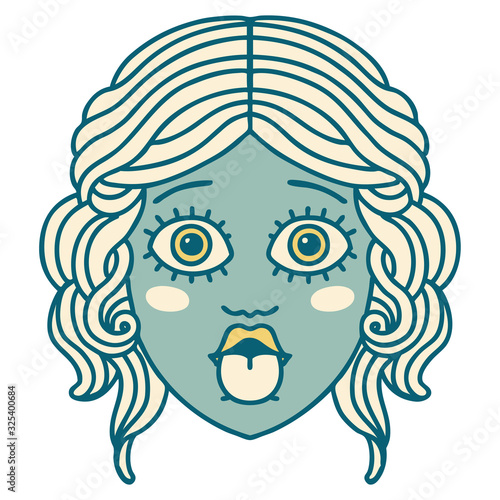 tattoo style icon of female face sticking out tongue