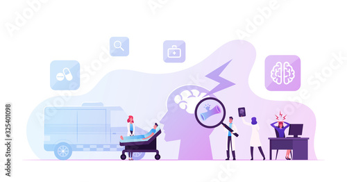 Apoplexy, Insult Attack Concept. Ambulance Hospitalize Man to Clinic, Doctor Learn Broken Bleeding Vessel in Human Brain. Woman Have Head Ache in Office. Neurosurgery Cartoon Flat Vector Illustration