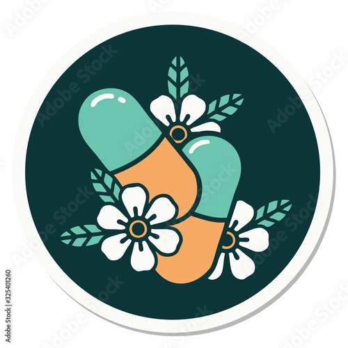 tattoo style sticker of pills and flowers