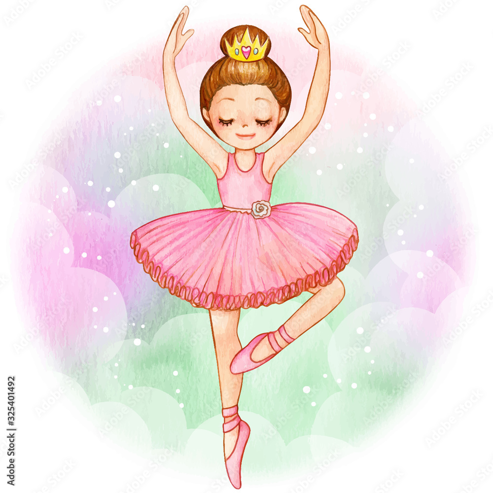 Watercolor princess ballerina brunette with golden crown Stock Vector |  Adobe Stock
