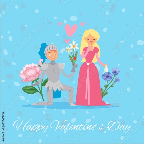 Happy Valentine day medieval princess lady and knight love day with flowers and hearts cartoon vector illustration. Day of love with fairy princess and knight for valentines day.