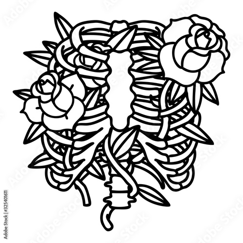 black line tattoo of a rib cage and flowers