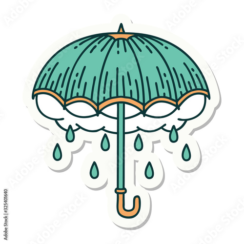 tattoo style sticker of an umbrella and storm cloud