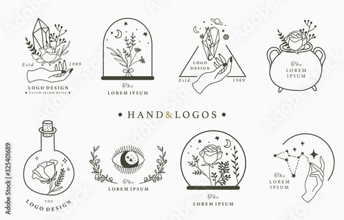 Beauty occult logo collection with hand geometric crystal moon eye star.Vector illustration for icon logo sticker printable and tattoo