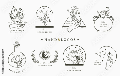 Beauty occult logo collection with hand,geometric,crystal,moon,eye,star.Vector illustration for icon,logo,sticker,printable and tattoo