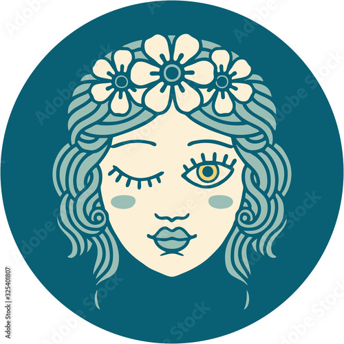 tattoo style icon of a maidens face winking
