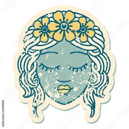 distressed sticker tattoo style icon of a maidens face