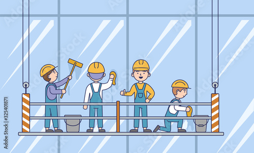 Industrial Window Cleaning Concept. Window Wash Team Is Washing Windows of Modern Skyscraper. Profesional Windows And Skyscraper Cleaning Service. Cartoon Linear Outline Flat Vector Illustration