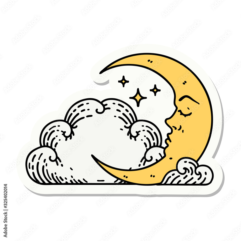 tattoo style sticker of a crescent moon and clouds tattoo style sticker of a crescent moon and clouds